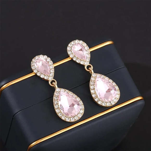 ❤️Women Pink Vintage Dangle Earrings Sparkle Crystal Bridal  Drop Formal Prom - Picture 2 of 7